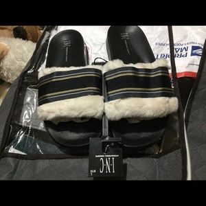 INC faux fur slippers